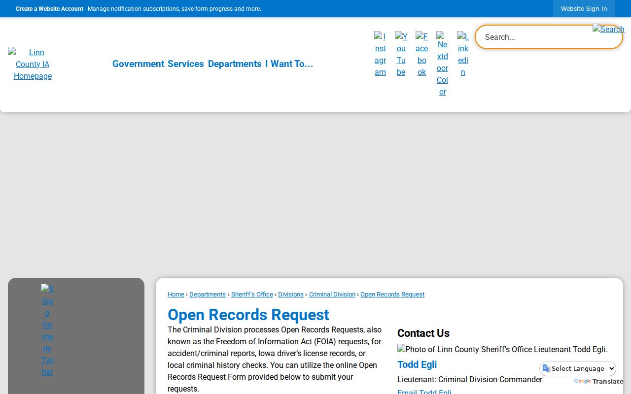 Linn County Sheriff public records request page