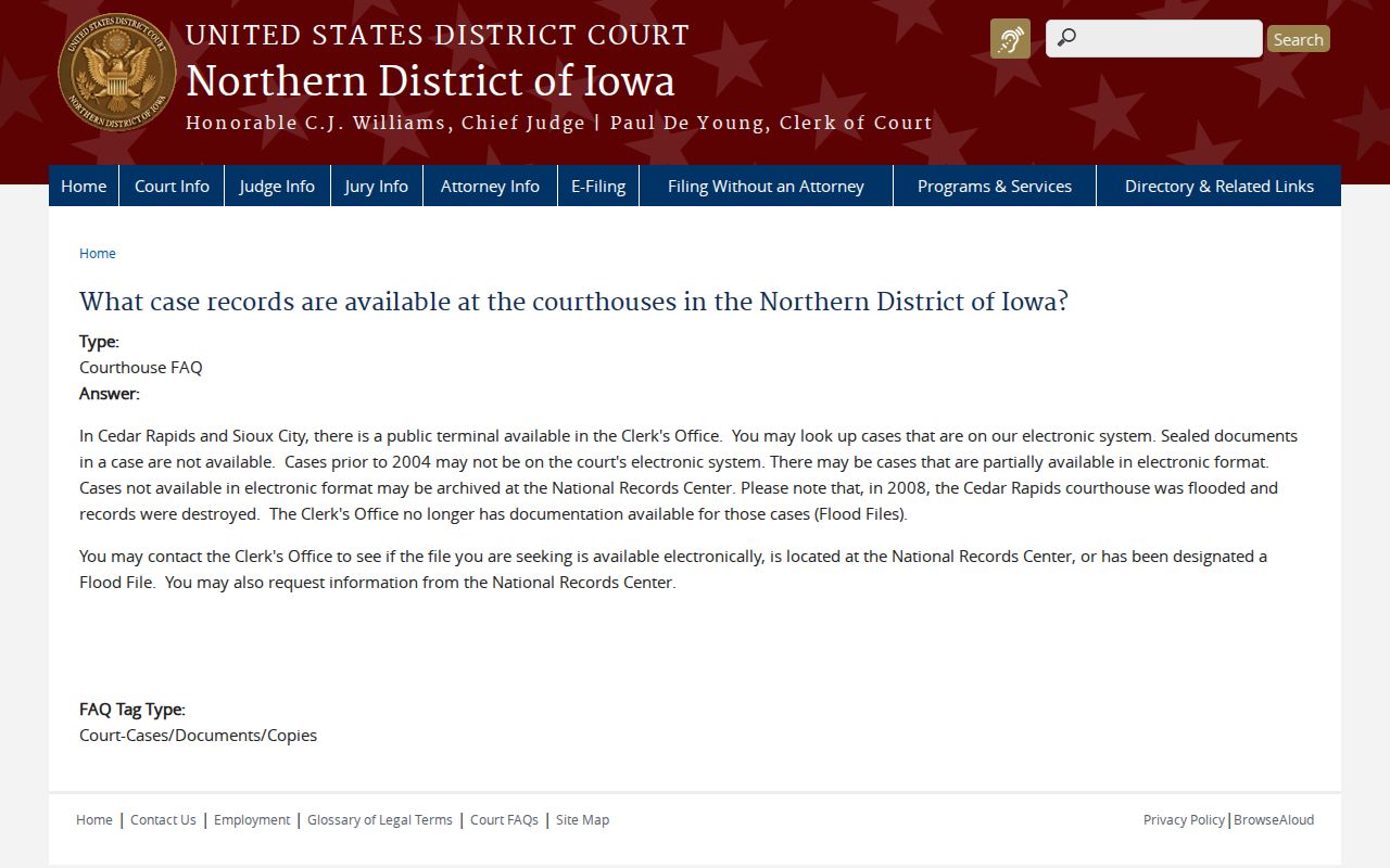 Northern District of Iowa courthouse records and flood file notice